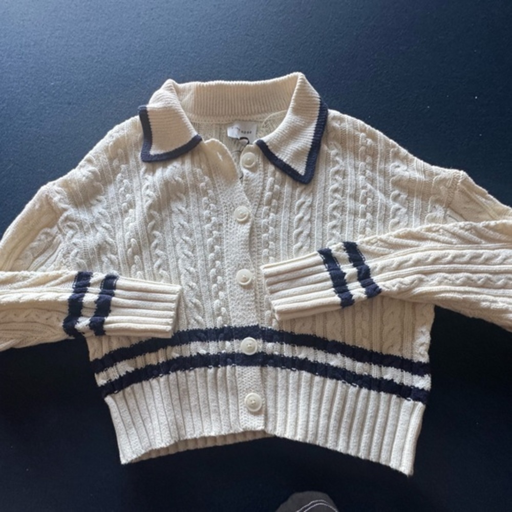 Cream Cable Knit Sweater/ Cardi with navy blue Accents and a cute collar-zoom in